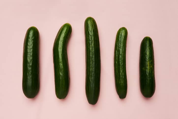 Five cucumbers in a row on a pink background