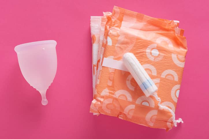 Types of menstrual hygiene products including sanitary towels, tampon and menstrual cup